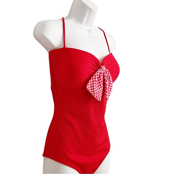 Matilda Jane Poolside Party Red One-Piece Swimsuit with Checkered Bow Medium - Picture 4 of 7